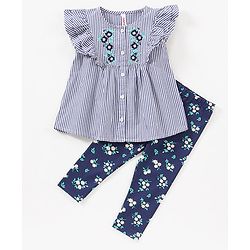 Babyhug 100% Cotton Frill Sleeves Top & Leggings Set Floral Print & Embroidery- Blue