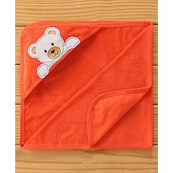 Babyhug Terry Cotton Knit Hooded Towel Teddy Applique - Orange