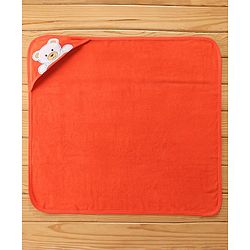 Babyhug Terry Cotton Knit Hooded Towel Teddy Applique - Orange