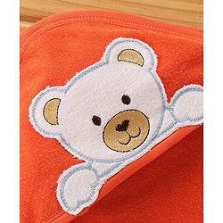 Babyhug Terry Cotton Knit Hooded Towel Teddy Applique - Orange
