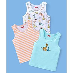 Babyhug 100% Cotton Sleeveless Sando Striped & Dino Print Pack of 3 - Orange White & Blue