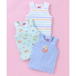 Babyhug 100% Cotton Sleeveless Sando Striped & Beach Print Pack of 3 - Blue