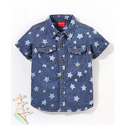 Babyhug 100% Cotton Half Sleeve Washed Denim Two Pocket Shirt Stars Print - Blue