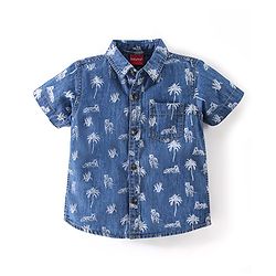 Babyhug 100% Cotton Woven Half Sleeves Washed Denim Shirt Tiger Print - Blue