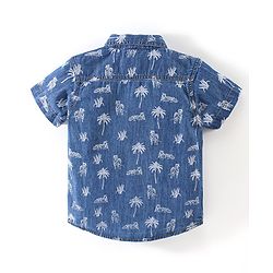 Babyhug 100% Cotton Woven Half Sleeves Washed Denim Shirt Tiger Print - Blue