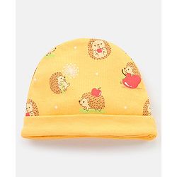Babyhug 100% Cotton Cap Mittens & Booties With Porcupine Print -Yellow