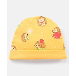 Babyhug 100% Cotton Cap Mittens & Booties With Porcupine Print -Yellow