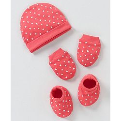 Babyhug 100% Cotton Cap Mittens & Booties Heart Print Red - Diameter 15 cm