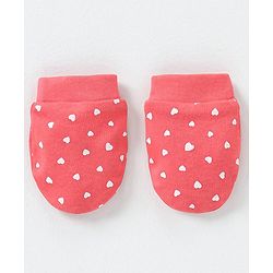 Babyhug 100% Cotton Cap Mittens & Booties Heart Print Red - Diameter 15 cm