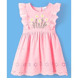 Babyhug 100% Cotton Half Sleeves Frock with Cotton Lining Schiffli & Floral Embroidery - Pink