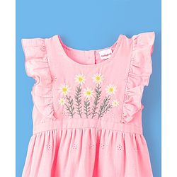 Babyhug 100% Cotton Half Sleeves Frock with Cotton Lining Schiffli & Floral Embroidery - Pink