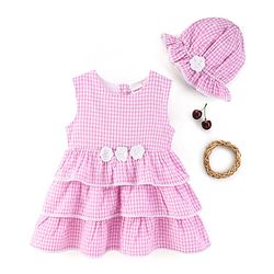 Babyhug Yarndyed Sleeveless  Checked & Embroidery Detailing Layered Frock with Cap - Pink