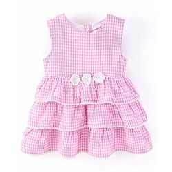 Babyhug Yarndyed Sleeveless  Checked & Embroidery Detailing Layered Frock with Cap - Pink
