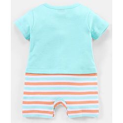 Babyhug 100% Cotton Knit Half Sleeves Striped Romper Elephant Print - Blue