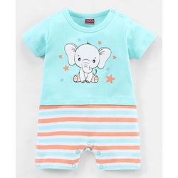 Babyhug 100% Cotton Knit Half Sleeves Striped Romper Elephant Print - Blue
