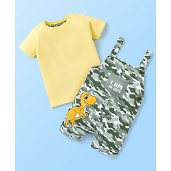 Babyhug 100% Cotton Half Sleeves Tee & Dungaree Set Camo & Dino Print- Yellow & Green