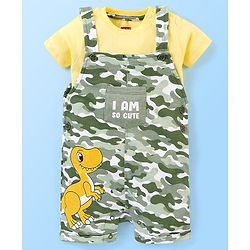 Babyhug 100% Cotton Half Sleeves Tee & Dungaree Set Camo & Dino Print- Yellow & Green