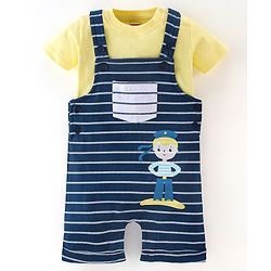 Babyhug 100% Cotton Knit Half Sleeves T-Shirt & Dungaree Set Striped - Yellow & Blue