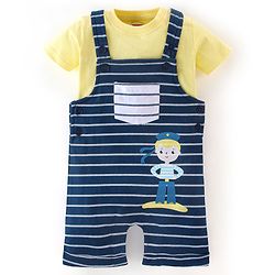 Babyhug 100% Cotton Knit Half Sleeves T-Shirt & Dungaree Set Striped - Yellow & Blue