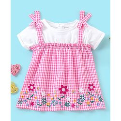 Babyhug Seer Sucker Half Sleeves Checkered Top Floral Embroidery - Pink & White