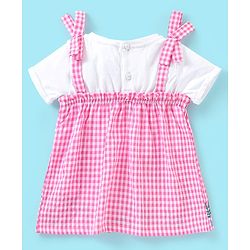 Babyhug Seer Sucker Half Sleeves Checkered Top Floral Embroidery - Pink & White