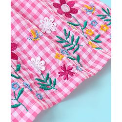Babyhug Seer Sucker Half Sleeves Checkered Top Floral Embroidery - Pink & White