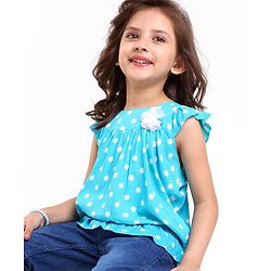 Babyhug 100% Rayon Woven Frill Sleeves Top with Floral Corsage & Polka Dots Print - Blue