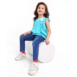 Babyhug 100% Rayon Woven Frill Sleeves Top with Floral Corsage & Polka Dots Print - Blue