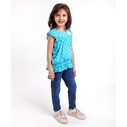 Babyhug 100% Rayon Woven Frill Sleeves Top with Floral Corsage & Polka Dots Print - Blue