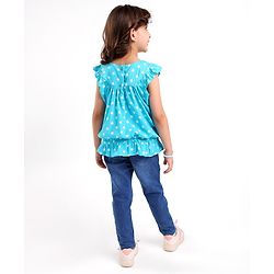 Babyhug 100% Rayon Woven Frill Sleeves Top with Floral Corsage & Polka Dots Print - Blue