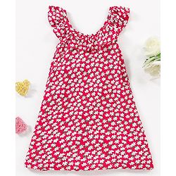 Babyhug 100% Viscose Sleeveless Floral Print Frock with Bow Applique - Red