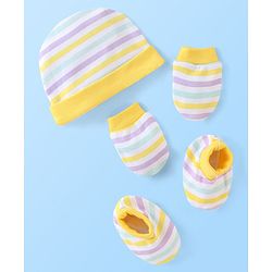 Babyhug 100% Cotton Striped Cap Mittens & Booties Print- Yellow & Blue