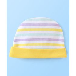 Babyhug 100% Cotton Striped Cap Mittens & Booties Print- Yellow & Blue
