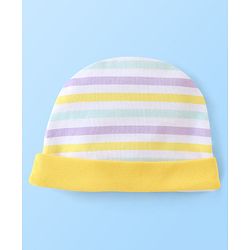 Babyhug 100% Cotton Striped Cap Mittens & Booties Print- Yellow & Blue