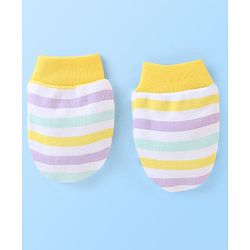 Babyhug 100% Cotton Striped Cap Mittens & Booties Print- Yellow & Blue