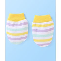 Babyhug 100% Cotton Striped Cap Mittens & Booties Print- Yellow & Blue