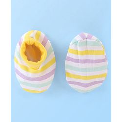 Babyhug 100% Cotton Striped Cap Mittens & Booties Print- Yellow & Blue
