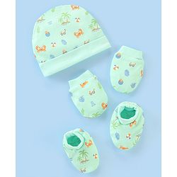 Babyhug 100% Cotton Cap Mittens & Booties Beach Print - Diameter 11 cm