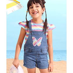 Babyhug 100% Cotton Cap Sleeves Striped Tee & Denim Dungaree Set With Butterfly Embroidery- Blue & Pink