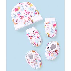 Babyhug 100% Cotton Knit Cap Mittens & Booties Set Flamingo Print -  White