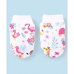 Babyhug 100% Cotton Knit Cap Mittens & Booties Set Flamingo Print -  White