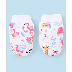 Babyhug 100% Cotton Knit Cap Mittens & Booties Set Flamingo Print -  White