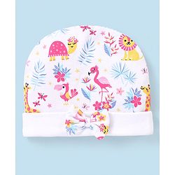 Babyhug 100% Cotton Knit Cap Mittens & Booties Set Flamingo Print -  White