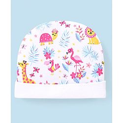 Babyhug 100% Cotton Knit Cap Mittens & Booties Set Flamingo Print -  White