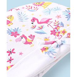 Babyhug 100% Cotton Knit Cap Mittens & Booties Set Flamingo Print -  White