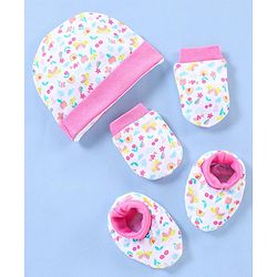Babyhug 100% Cotton Cap Mittens & Booties Floral Print- Pink