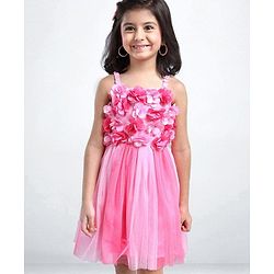 Babyhug Singlet Party Wear Frock with 3D Flowers At Yoke - Pink