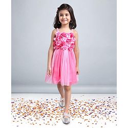 Babyhug Singlet Party Wear Frock with 3D Flowers At Yoke - Pink