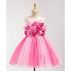 Babyhug Singlet Party Wear Frock with 3D Flowers At Yoke - Pink