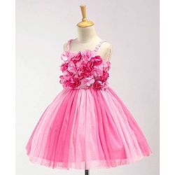 Babyhug Singlet Party Wear Frock with 3D Flowers At Yoke - Pink